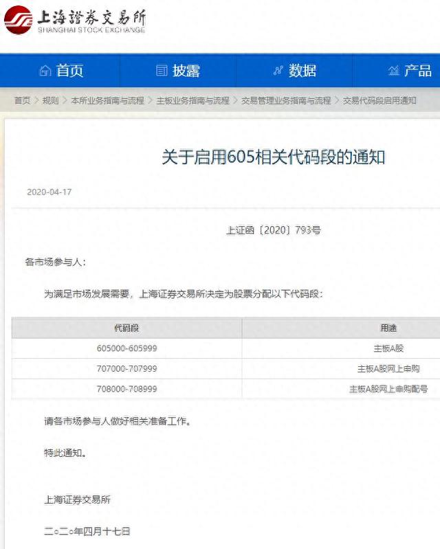 603代码服役8年将用尽，上交所主板A股启用605代码段