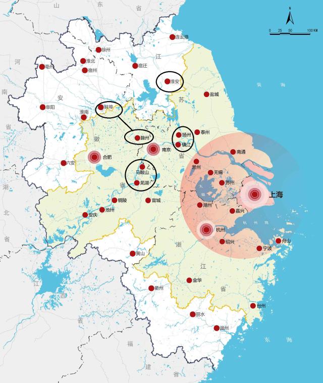 南京都市圈扩大到八个地级市：周围七市的人均GDP分成了三个梯队