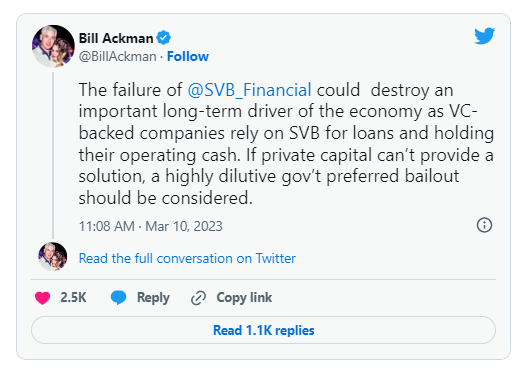 对冲大佬Ackman：美国政府应该出手救SVB，否则会有更多银行倒闭