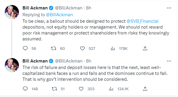 对冲大佬Ackman：美国政府应该出手救SVB，否则会有更多银行倒闭